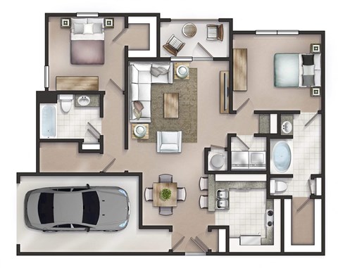 a floor plan of a house with a car in the garage